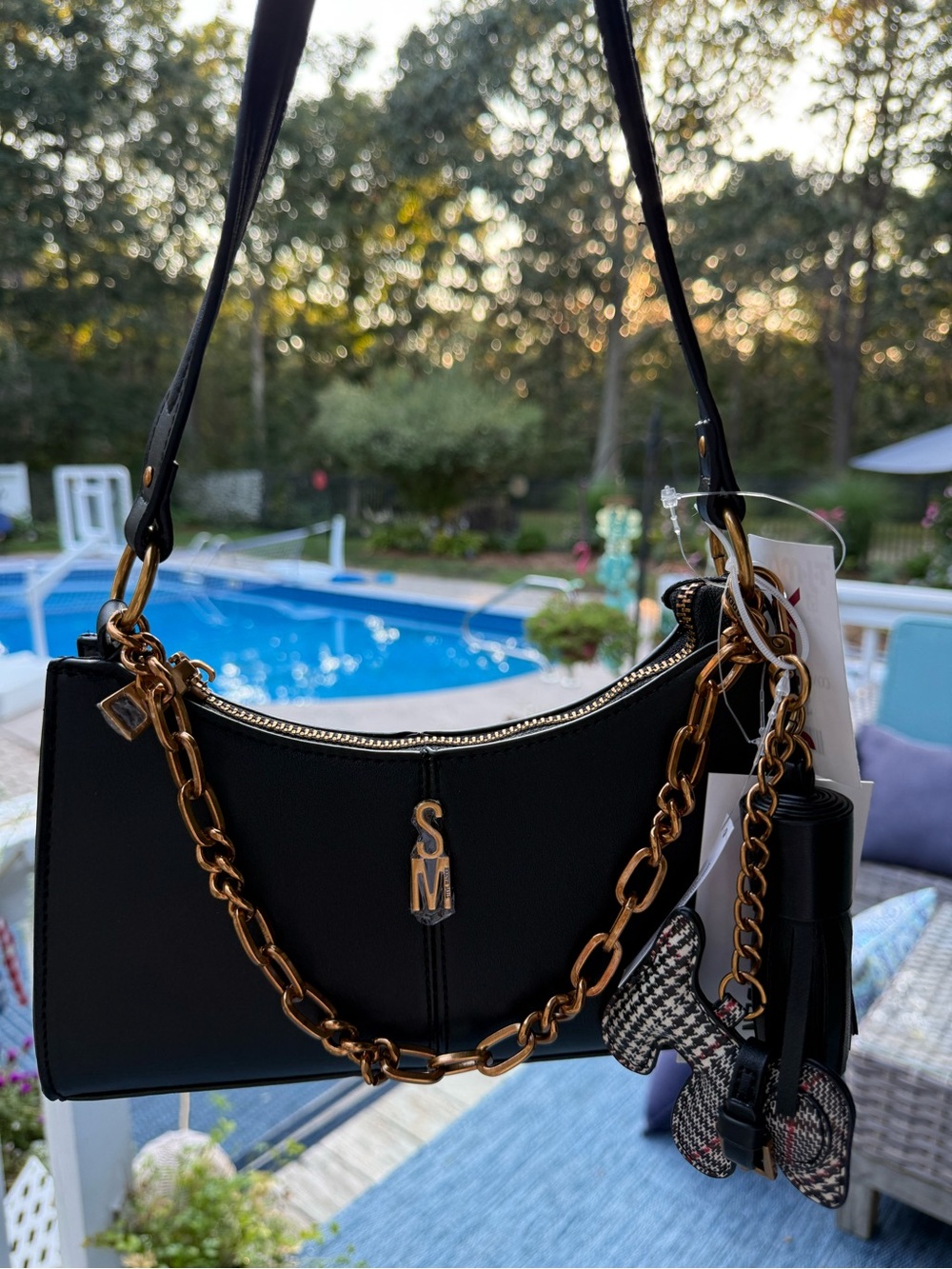 Steve Madden Black Shoulder Bag with Gold Chain Accent & dog charm
